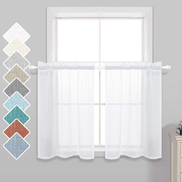 KOUFALL Kitchen Tier Curtains 30 Inches Long 2 Panels Rod Pocket Cafe Curtains Light Filtering Faux Linen Short Semi Sheer Curtains for Bathroom Small Curtain Window Treatment 30x30 Inch Length White