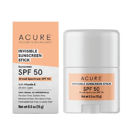 Acure Invisible Sunscreen Stick SPF 50, With Vitamin E, For All Skin Types, 100% Vegan, 0.5 oz