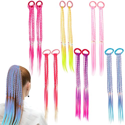 12pcs Rubber Bands Hair Extensions 17 Inch Wigs Colored Ponytail Headbands Rainbow Synthetic Hairpieces Crazy Hair Day Headwear Styling Accessories for Women Girl Kid Halloween Party Cosplay Dress Up
