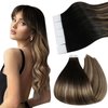 Ugeat 22inch Tape in Hair Extensions Human Hair Brown Tape Real Human Hair Extensions Natural Black to Dark Brown Mix Caramel Brown Balayage Double Sided Tape in Remy Hair Extensions 20Pcs 50G