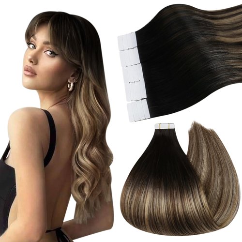 Ugeat 22inch Tape in Hair Extensions Human Hair Brown Tape Real Human Hair Extensions Natural Black to Dark Brown Mix Caramel Brown Balayage Double Sided Tape in Remy Hair Extensions 20Pcs 50G