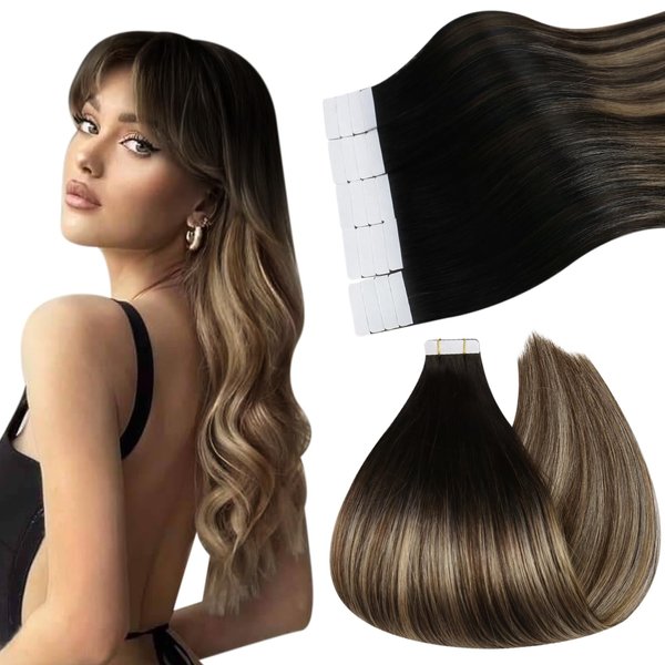 Ugeat 22inch Tape in Hair Extensions Human Hair Brown Tape Real Human Hair Extensions Natural Black to Dark Brown Mix Caramel Brown Balayage Double Sided Tape in Remy Hair Extensions 20Pcs 50G
