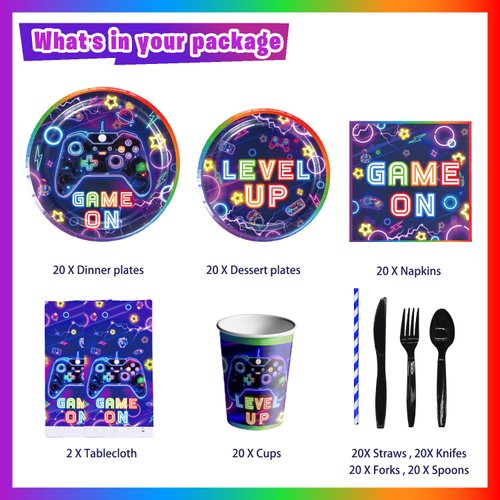 LXlucktim Video Game Party Supplies - 163Pcs Gamer Gaming Game On Party Tableware Set Decoration For Boys Birthday Party - Table Cover, Plates, Cups, Napkins, Utensils, Serves 20 Guests