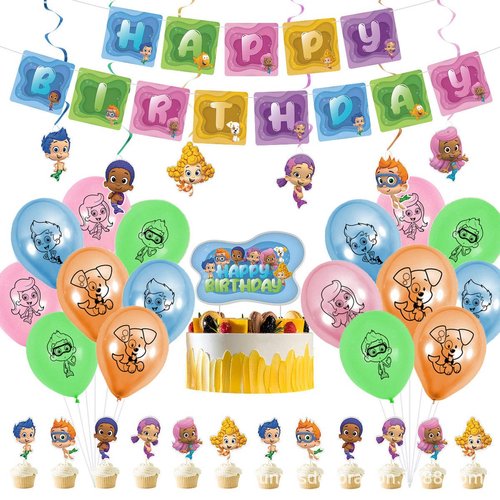 Bubble Guppies Birthday Party Supplies Glitter Guppy Ocean Party Decorations Kit with Happy Birthday Banner Cake Cupcake Toppers Hanging Swirls Balloons