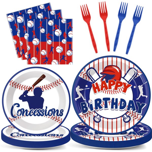 Wiooffen 96pcs Baseball Birthday Party Supplies Baseball Themed Plates and Napkins Decorations Sports Birthday Party Disposable Tableware Dinnerware for Blue Baseball Baby Shower Party Decor Serve 24