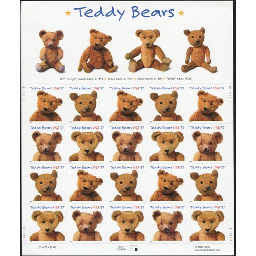 Teddy Bear Postage Stamps (Scott #3656) Pane of 20 x 37¢ US Postage Stamps