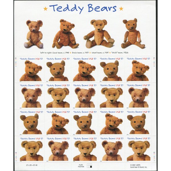 Teddy Bear Postage Stamps (Scott #3656) Pane of 20 x 37¢ US Postage Stamps