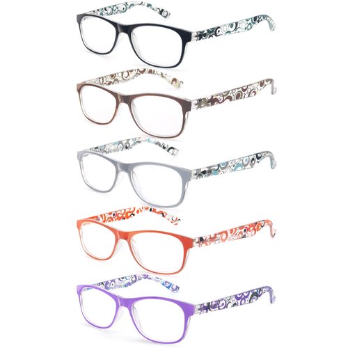 OLOMEE Reading Glasses Women +2.00 Floral Print Square Women's Readers Cheaters Glasses 5 Pack W/Spring Hinge Lightweight Comfortable Fit