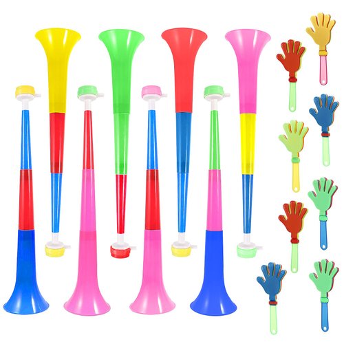 16 Pieces Collapsible Stadium Horn and Hand Clappers 21 Inch Vuvuzela Plastic Trumpet Horn Blow Noisemakers Cheering Clappers Sports Events School Graduation Party Supplies Favors Accessories(Colored)