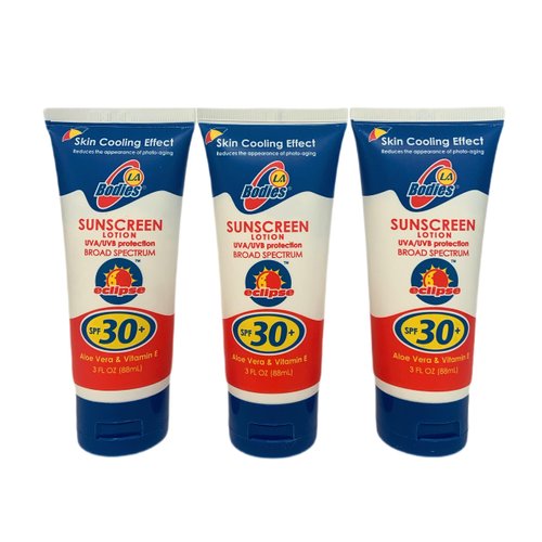 LA Bodies Sunscreen Moisturizing Face & Body Lotion (SPF 30) w/Aloe Vera for Cooling Sensation | Works with Acne Prone Skin | UVA UVB Protection Sunblock | 3oz | 3 Pack