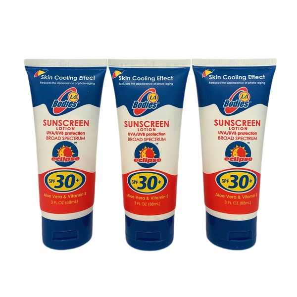 LA Bodies Sunscreen Moisturizing Face & Body Lotion (SPF 30) w/Aloe Vera for Cooling Sensation | Works with Acne Prone Skin | UVA UVB Protection Sunblock | 3oz | 3 Pack