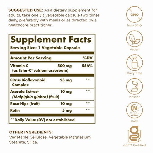 SOLGAR Ester-C Plus 500 mg Vitamin C (Ascorbate Complex) - 100 Vegetable Capsules, Pack of 2 - Antioxidant & Immune Support - Non GMO, Vegan, Gluten Free, Kosher - 200 Total Servings