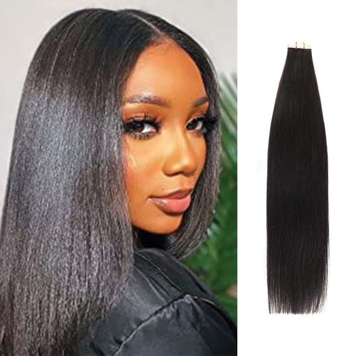 Starlet Tape In Hair Extensions Yaki Straight 12A 100% Virgin Human Hair 18 Inch 40Pcs 100g Tape Ins for Black Women Seamless Skin Weft Hair Extensions (18 Inch (Pack of 2), Straight (Natural Black))