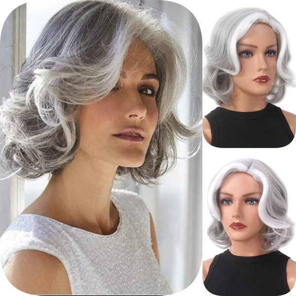 MEDISIFA Short Curly Grey White Women Wig Heat Resistant Synthetic Hair Water Wave Womens Wigs for Old Lady Grandma Cosplay Daily 20s Costume Anime Halloween (Grey&White)