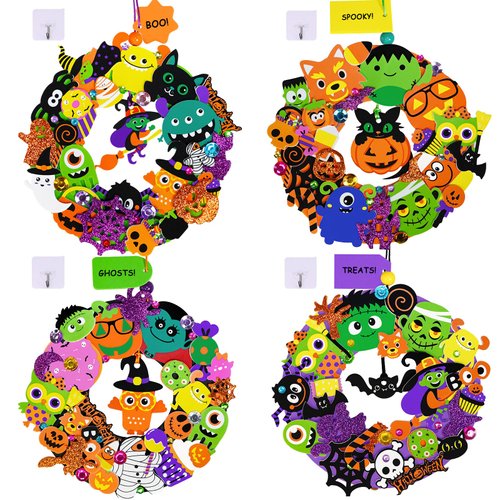 Winlyn 12-Pack Halloween Craft Kits Fall Crafts DIY Halloween Wreath Ornaments Decorations Art Sets Halloween Foam Stickers Arts and Crafts for Kids Classroom Party Activities Holiday Festive Projects