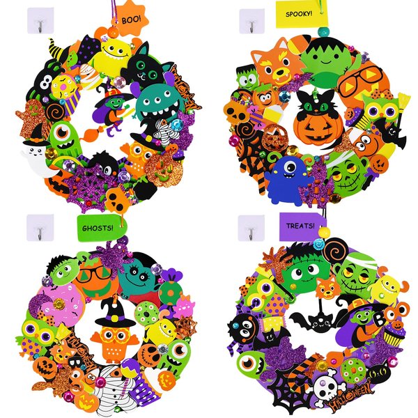 Winlyn 12-Pack Halloween Craft Kits Fall Crafts DIY Halloween Wreath Ornaments Decorations Art Sets Halloween Foam Stickers Arts and Crafts for Kids Classroom Party Activities Holiday Festive Projects