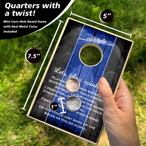Coinhole Tabletop Game Coin Bouncing Party Game | Desktop Cornhole Single Board Game | Mini Cornhole Travel Game Includes Coins (Single Board Play Blue & Black)