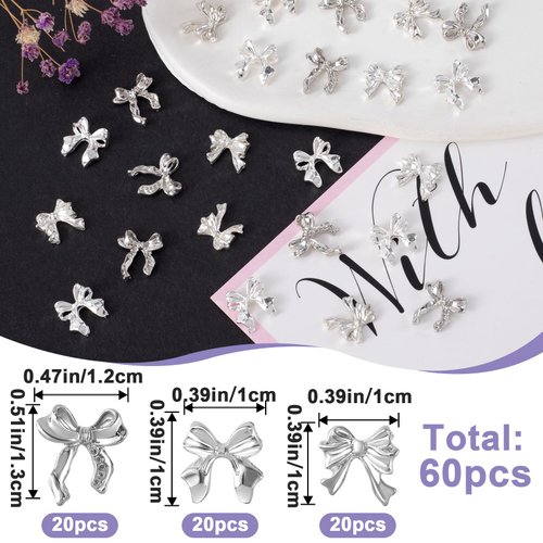 Mxxipp 60pcs Bow Nail Art Charms for Women Girl, 3D Bowknot Nail Rhinestones, Alloy Ribbon Bow Nail Decoration Supplies 3 Styles for Manicure DIY Craft- Silver