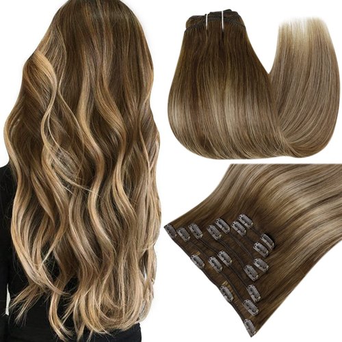 Easyouth Clip in Hair Extensions Real Human Hair Balayage Clip in Hair Extensions Brown To Caramel Blonde Mix Brown Lace Hair Extensions Clip ins Double Weft 14Inch 7Pcs 70g