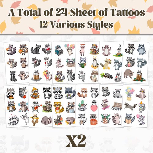 144 PCS Raccoon Temporary Tattoos Stickers, Raccoon Party Favors Supplies Woodland Raccoon Birthday Party Decorations Gifts for Kids Boys Girls Classroom Rewards, 24 Sheets