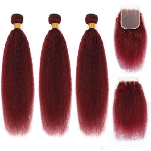 99j Brazilian Yaki Straight Human Hair 3 Bundles With Closure Yaki Human Hair 4x4Closure 100% Virgin Kinky Straight Virgin Hair Extensions (14-16-18Inch with14Closure)