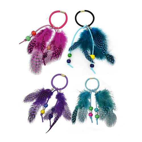 Set of 4 Women Lady Hippie Hair Band Feather Hair Rope Elastics Feather Hair Tie Ponytail Holders...
