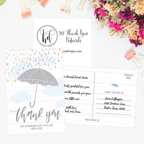 50 4x6 Rain Umbrella Blank Thank You Postcards Bulk, Cute Modern Sprinkle Baby Shower Rainbow Showered With Love Thank You Note Card Stationery For Wedding Bridesmaid Bridal, Religious, Holiday