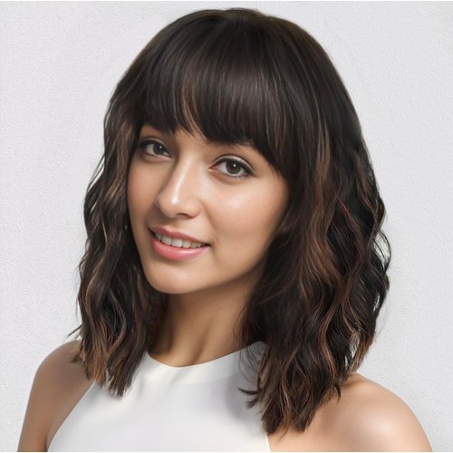 ATAYEA Short Wavy Wig with Bangs Black Bob Wigs for Women Shoulder Length premium synthetic fiber Wigs for Daily Party Use （14 Inch,Black mixed Brown