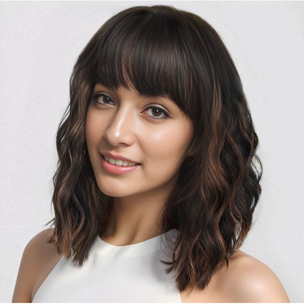 ATAYEA Short Wavy Wig with Bangs Black Bob Wigs for Women Shoulder Length premium synthetic fiber Wigs for Daily Party Use （14 Inch,Black mixed Brown