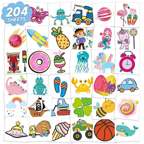 EMOME 204 Sheets Kids Temporary Tattoos for Party Favors,Individually Wrapped Tattoo Stickers for Boys Girls, Fake Tattoos for Kids Birthday Party Supplies Goodie Bags Stuffers