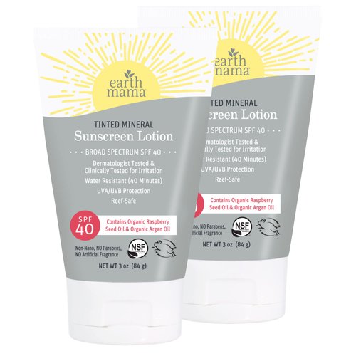 Earth Mama Tinted Mineral Sunscreen Lotion SPF 40, Contains Organic Argan and Red Raspberry Seed Oil, 3-Ounces, 2-Pack