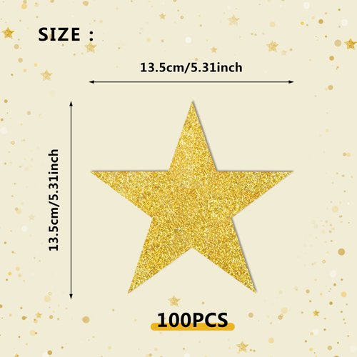 100 PCS Glitter Gold Five Star Cutouts Paper Star Confetti Cutouts Gold Star Cutouts for Bulletin Board Stars Accents Classroom Wall Party Decoration Supply