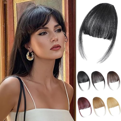 HH FASHION Clip in Bangs - 100% Human Hair Bangs Clip in Hair Extensions Black Wispy Bangs, Clip on Air Curtain Bangs Fringe With Temples Hairpieces Curved Bangs For Women Daily Wear