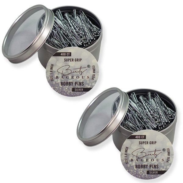 Super Grip Bobby Pins - Silver (Approx. 400 Count | 2 Pack | 800 Total) - Womens Bobby Pins 1.9 Inch - Easy, Secure, All Hair Types - Handy Reusable Tin