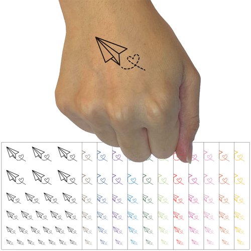 Paper Airplane with Heart Temporary Tattoo Water Resistant Fake Body Art Set Collection - Black (One Sheet)