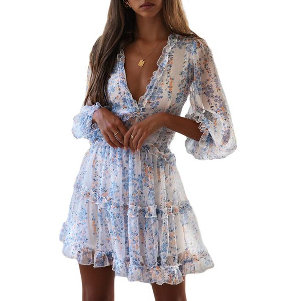 Dokotoo Womens Sun Casual V Neckline Long Sleeve Open Back Floral Print Mini Dress Bohemian Fashion Skater A Line Ruffle Hem Beach Dresses White Medium