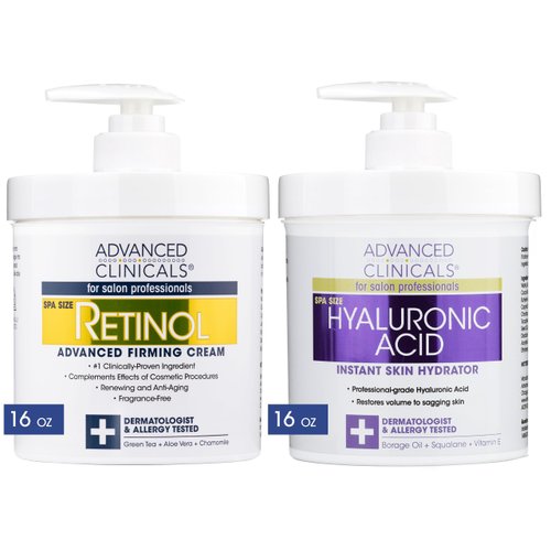 Advanced Clinicals Retinol Cream + Hyaluronic Acid Lotion Face & Body Skin Care. Anti Aging Dry Skin Rescue Creams Reduce Appearance Of Wrinkles, Fine Lines, & Sagging Skin, 16 Oz (Pack of 2)