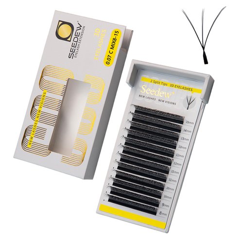 SEEDEW 3D-Double Tips Lash Extensions, 0.07mm C Curl MIX8-15mm 12 Rows/Tray, W Shape 3DD Flat Stem, PBT Natural Eyelashes for Beginner Artist, Lash Tech, Beauty Salon(3DD-Matte Black-0.07-C-MIX8-15mm)
