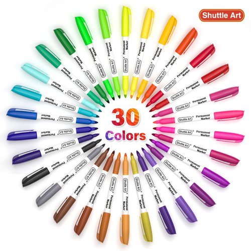 Shuttle Art 30 Colors Permanent Markers, Fine Point, Assorted Colors, Works on Plastic,Wood,Stone,Metal and Glass for Kids Adult Coloring Doodling Marking