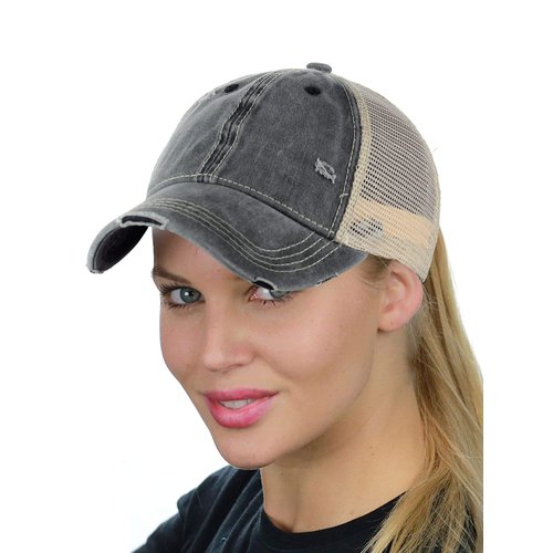 C.C Ponycap Messy High Bun Ponytail Adjustable Mesh Trucker Baseball Cap Hat, Washed Black