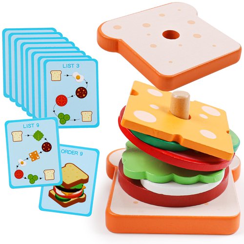 kizh Wooden Sandwich Sorting Stacking Toys Play Food Set for Toddlers Preschool Educational Montessori Toys Fine Motor Toys for Kids Boys Girls