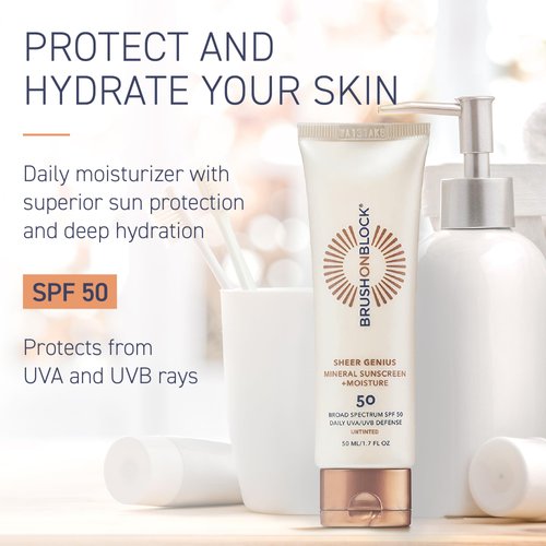 Brush On Block Sheer Genius Mineral Sunscreen plus Moisturizer, SPF 50, UVA/UVB & Blue Light Protection with Hyaluronic Acid, Goes on Sheer, No Residue, Reef Friendly, Vegan, Translucent, 1.7 oz