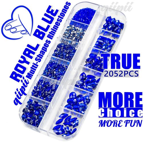 qiipii 2052Pcs Sapphire Blue Nail Art Rhinestones Kit Royal Blue Nail Charms Multi Shapes Crystal Flatback Rhinestones Big Gems + Round Beads Glass Stones Diamonds Jewels for Nails Faces Eyes Makeup