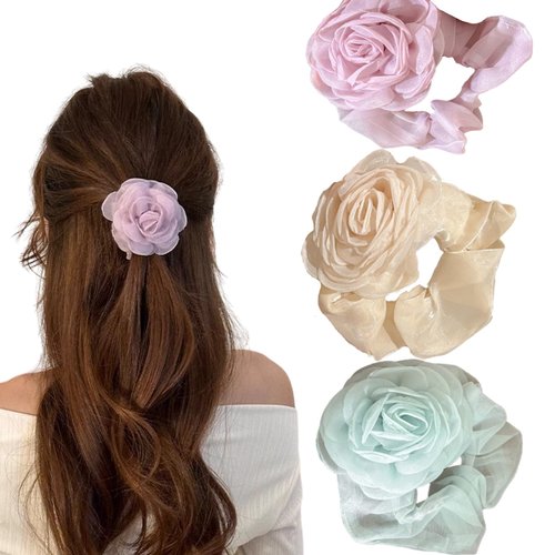 Generic 3Pcs Vintage Rose Flower Elastics Hair Ties Silk Satin Scrunchies Ponytail Holders Hair Accessories for Women Girls, Elastics for Long Thick Hair Rubber Bands with