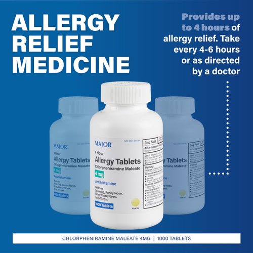 MAJOR 4 Hour Allergy Tablets - Chlorpheniramine Maleate - 4 mg - Antihistamine - 1000 Count