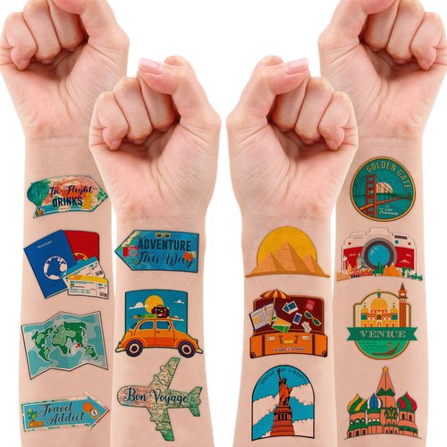 8 Sheets (96PCS) Travel Tattoo Stickers Theme Map Adventure Birthday Party Decorations Favors Supplies for Kids Boys Girls Gifts Classroom School Prizes Rewards