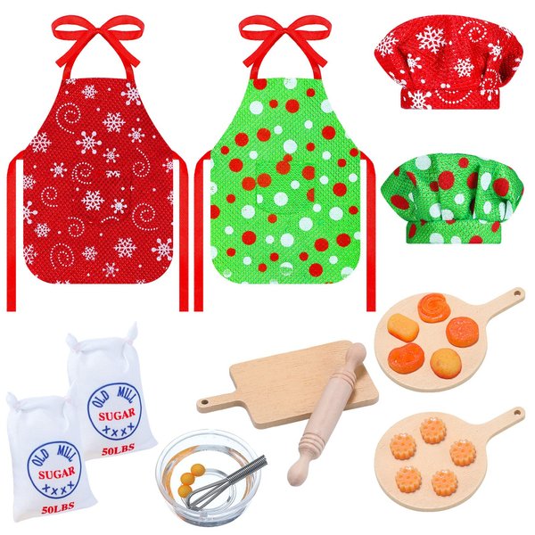 Christmas Elf Accessories Mini Elf Doll Baker Outfit Set Include Apron Hats Rolling Pin Egg Cookie Tray Set Mixing Bowl for Xmas Elf Doll Decorations, Doll is Not Included (Snowflake Style)