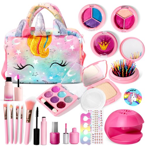 ULOVEME Kids Real Makeup Kit for Little Girls - Real, Non Toxic, Washable Make Up Toy - Umicorn Toys Gift for 3 4 5 6 7 8 9 10 12 Years Old Girls Birthday (Rainbow Umicorn)