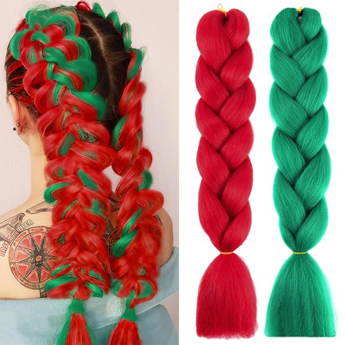 Colored Jumbo Braiding Hair Extensions 24 Inch Ombre Jumbo Braiding Wigs Hair High Temperature Synthetic Braids Hair Extension for Women Christmas Cosplay Party 2Colors (Red Green)
