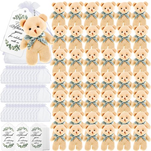 Wettarn 50 Sets Small Bears Tiny Plush Bear Bulk 4.72 Inch Mini Stuffed Animals Small Bear Party Favors with Thank You Tags and Mesh Bags for DIY Keychain Birthday(Brown)